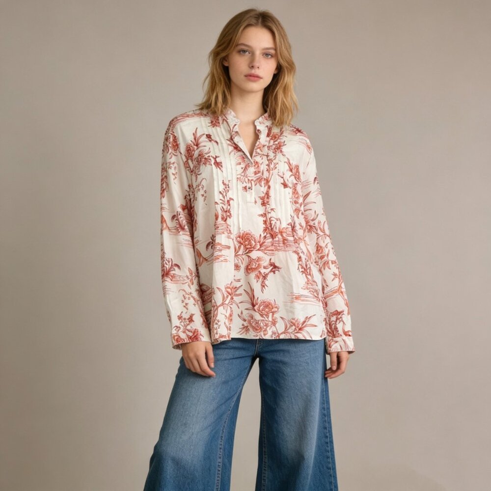 NWOT Johnny Was Silk Floral Print Pleated Shirt Long Sleeves Blouse Size M